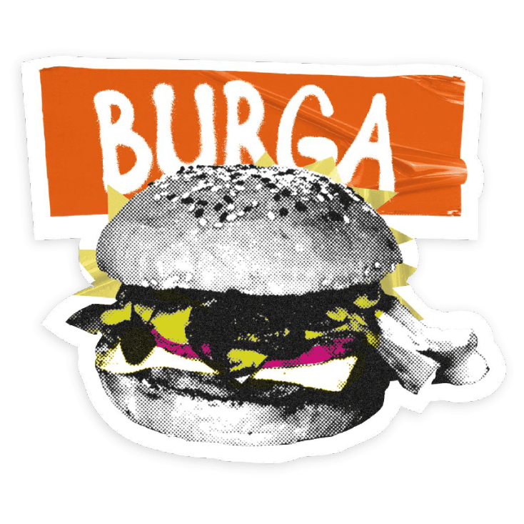 Sticker de una hamburguesa con el texto "Burga"