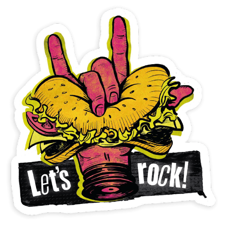 Sticker de una mano haciendo el gesto de cuernos con una hamburguesa y el texto "Let's rock!"
