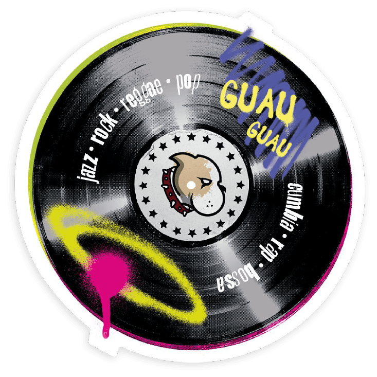 Sticker de un disco de vinilo con géneros musicales y el logo del perro Bulldog al centro