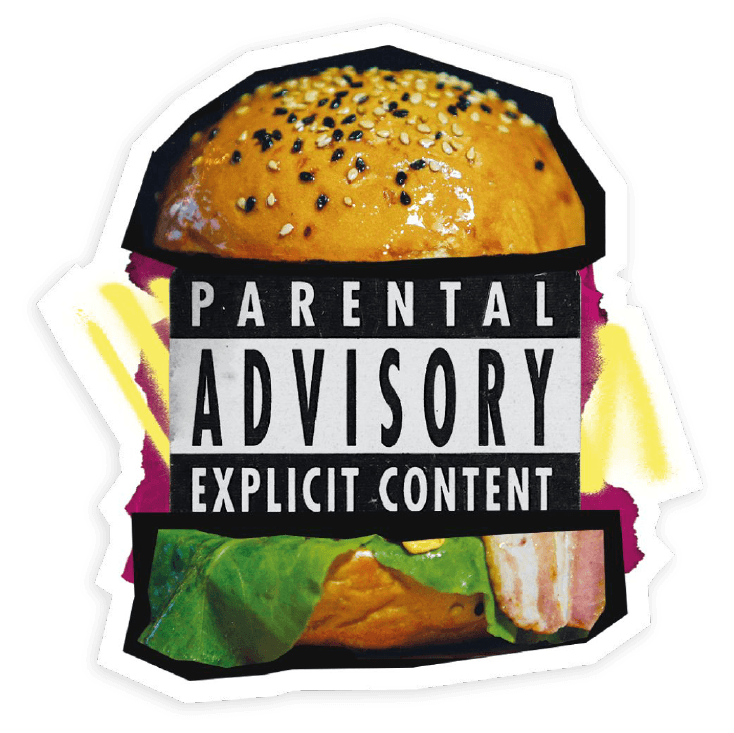 Sticker de hamburguesa con la leyenda "Parental Advisory Explicit Content"